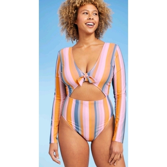 NWT Shade & Shore Multi Stripe Long Sleeve Knot-Front Cut Out One Piece - Picture 2 of 12